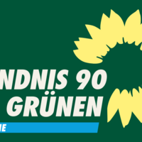 Logo von Bündnis 90 Die Grünen mit gelber stilisierter Sonnenblume auf grünem Hintergrund und blauem Schriftzug 'BRAMSCHE'