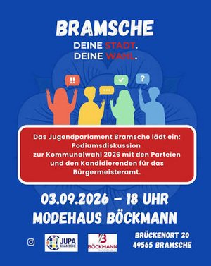 Plakat mit Einladung zur Podiumsdiskussion des Jugendparlaments Bramsche zur Kommunalwahl 2026 am 03.09.2026 um 18 Uhr im Modehaus Böckmann, Brückenort 20, 49565 Bramsche, mit stilisierten Figuren und Text in Weiß, Rot und Blau.