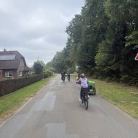 Mehrere Personen fahren auf einer ruhigen Straße mit Fahrrädern, rechts ein Wald, links ein Haus mit Solarpanelen auf dem Dach